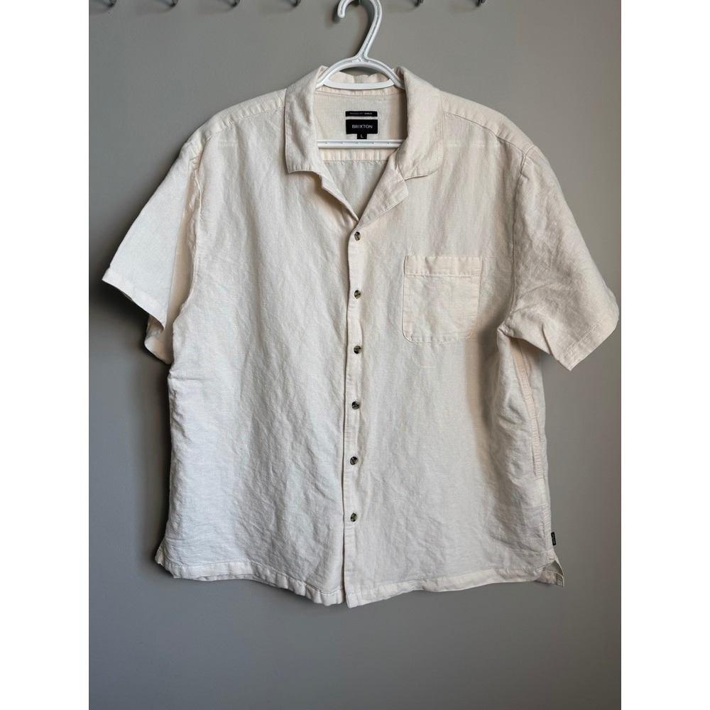Brixton Bunker Relaxed Fit Linen Blend Short Sleeve Button Up Shirt Cream L Boho